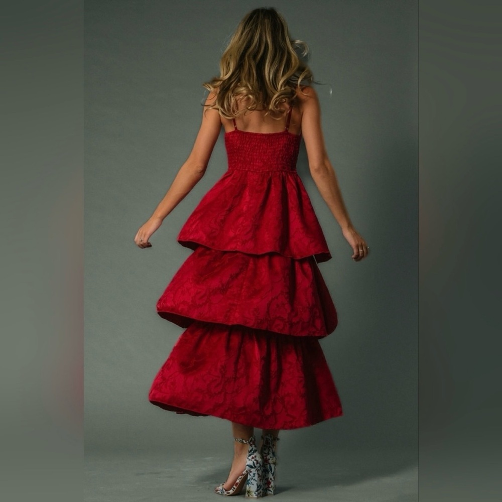 NWT Baltic Born Violetta Embossed Tiered Dress in deep Red​ - Picture 2 of 14
